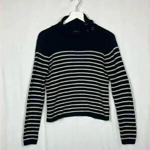 Forever 21 Womens Sweater Black/Cream Stripe M Ribbed Elbow Patches Turtleneck